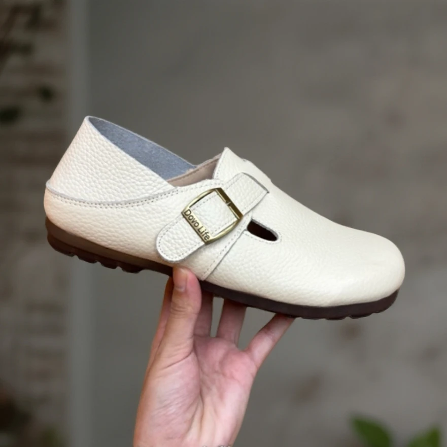 复古搭扣圆头懒人鞋舒适单鞋浅口真皮平底鞋女鞋豆豆鞋百搭皮鞋