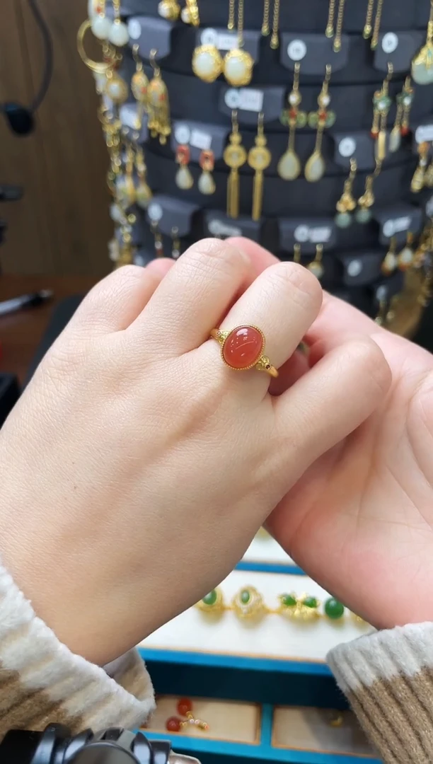 【闪购商品】南红玛瑙戒指银S925镀金镶嵌戒指