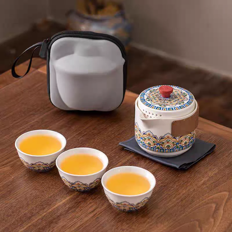 宝相花陶瓷一壶三杯旅行套组户外便携功夫茶具带包2128