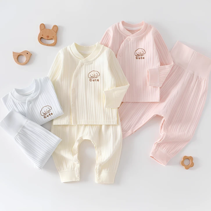 新款偏扣套装婴儿春秋纯棉无骨睡衣高腰护肚秋衣裤宝宝吸汗家居服