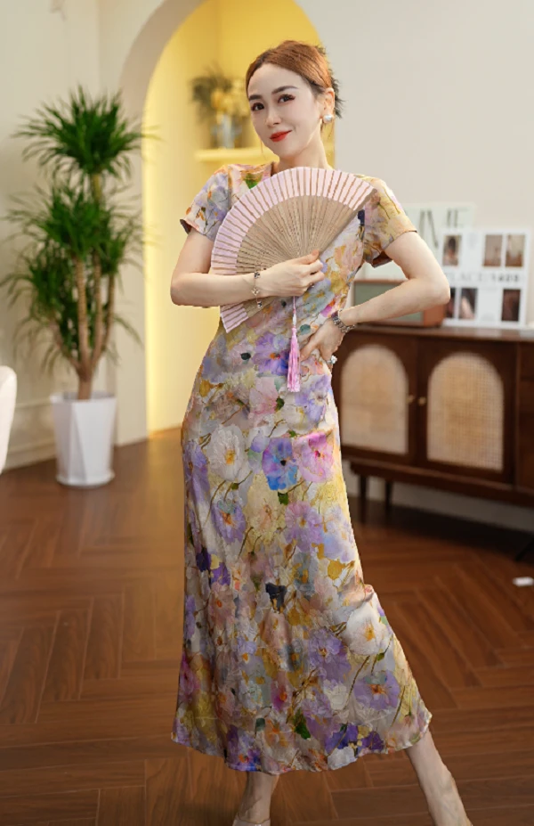 炸姐婕拉-【香云纱】G698 浣溪沙 法式浪漫印花气质碎花复古连衣裙