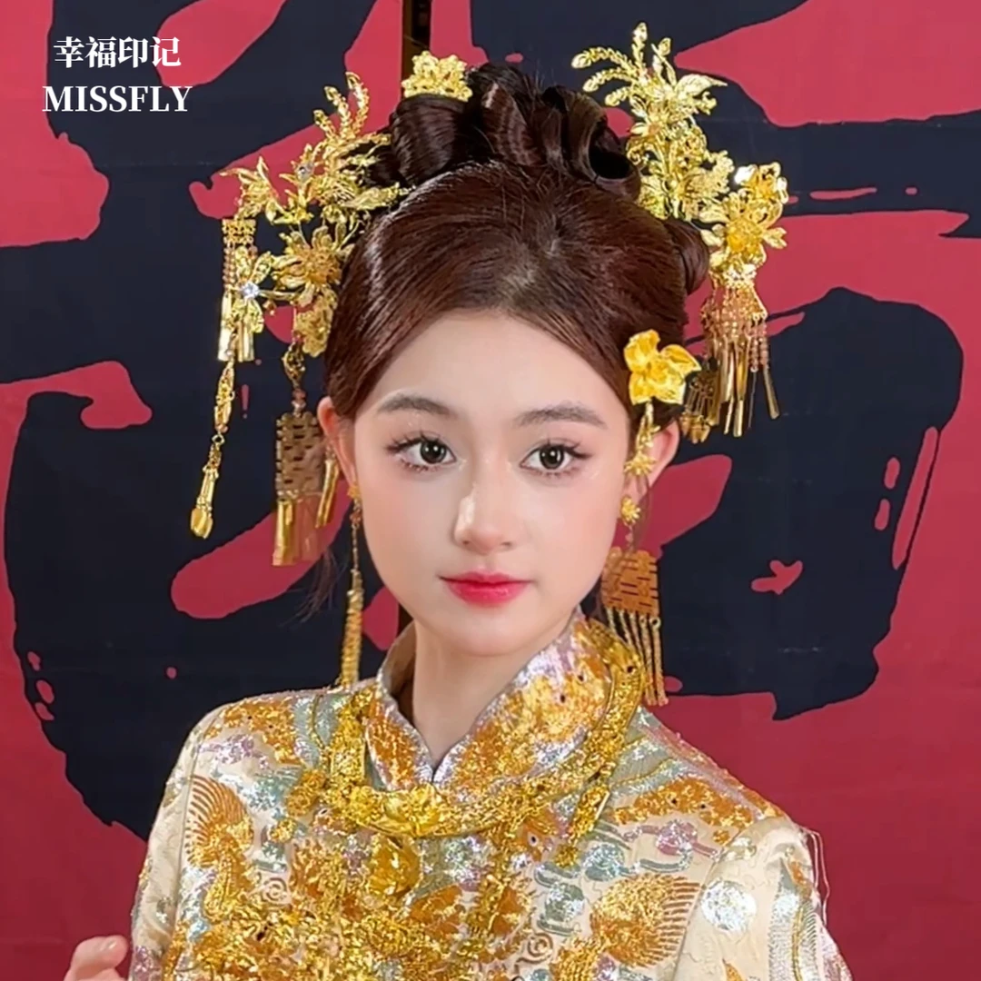 新中式金色合金秀禾龙凤褂头饰新娘发饰凤钗古装簪子花朵新娘步摇
