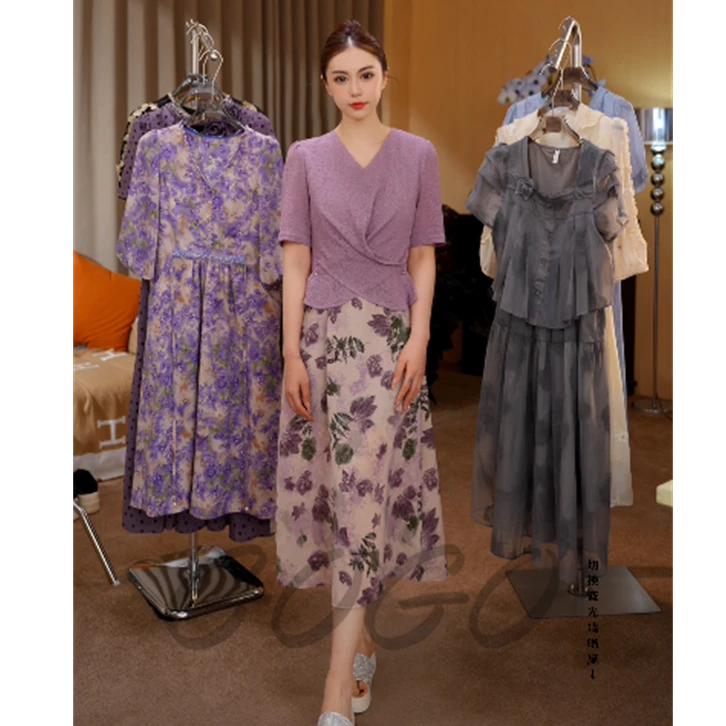 G9103时尚假两件印花短袖连衣裙女2025夏季新款优雅收腰减龄裙子