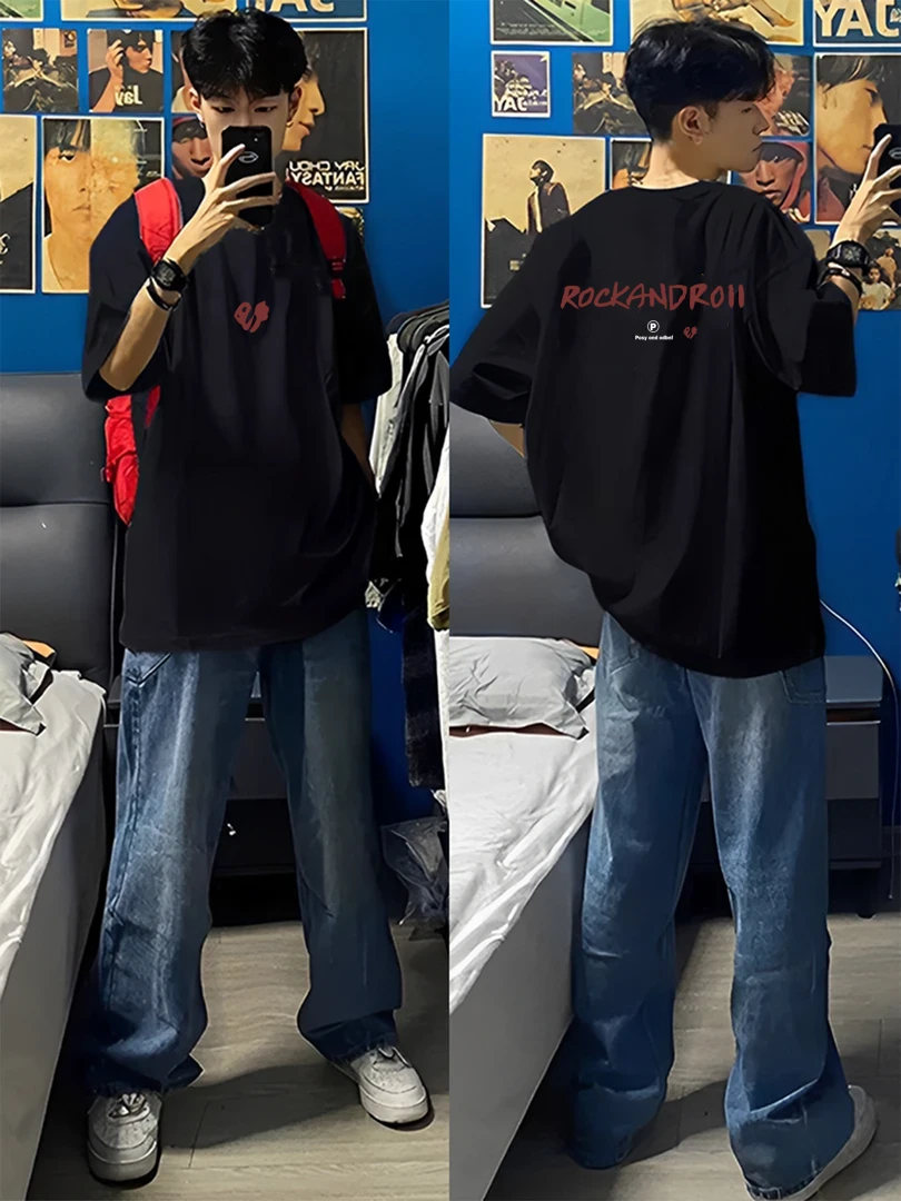 重磅100%纯棉260g纯棉美式街头印花短袖t恤男女夏季休闲宽松情侣