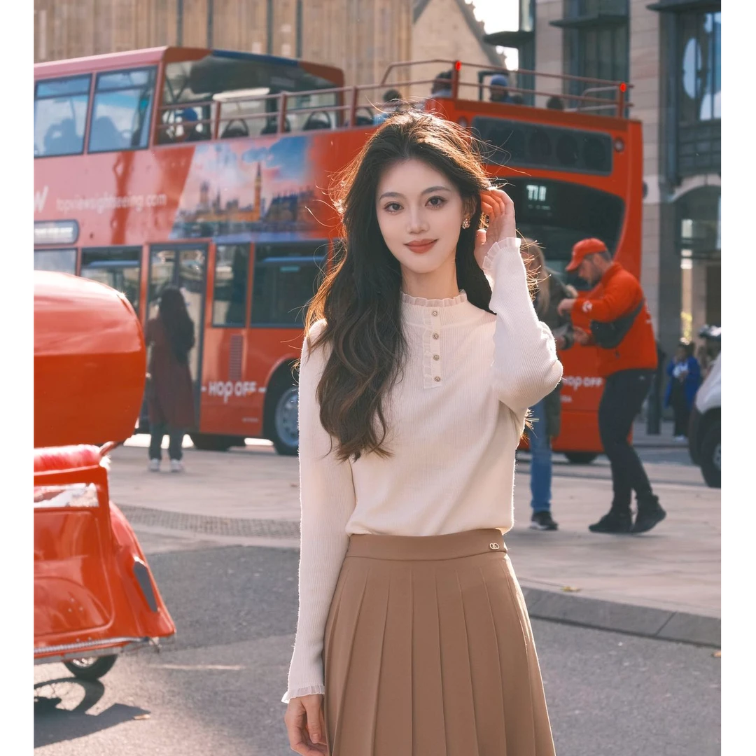 【宣璐明星同款】商场同款流光风珂莱蒂尔羊毛衫木耳领保暖圆领上衣