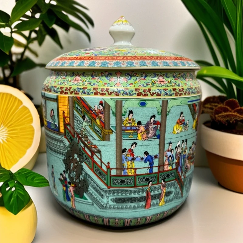 高度25口径23景德镇珐琅彩湖水蓝红楼梦10斤装罐236.