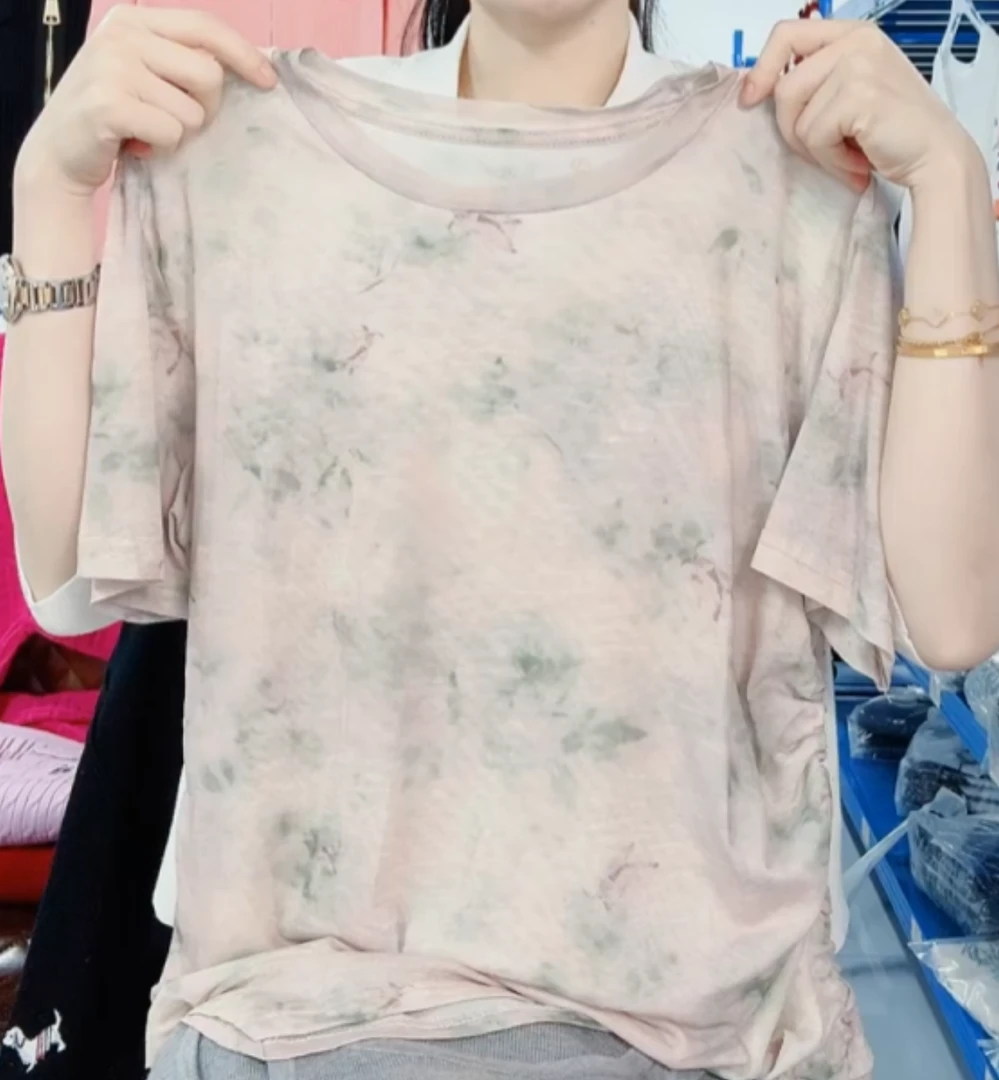 【妞妞】春夏新款扎染气质薄款短袖针织抽绳上衣053649-图色短袖