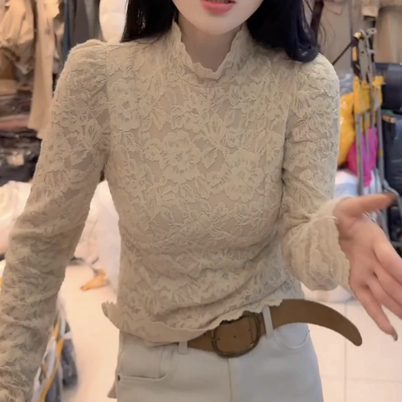 冬季新款百搭时尚花边半高领加绒蕾丝长袖常规上衣小衫LK2508428