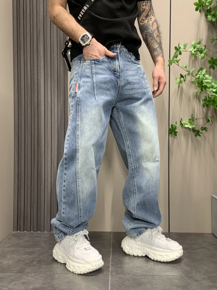 美式潮流宽松直筒牛仔裤男士2025春季蓝色水洗磨白复古弯刀休闲裤