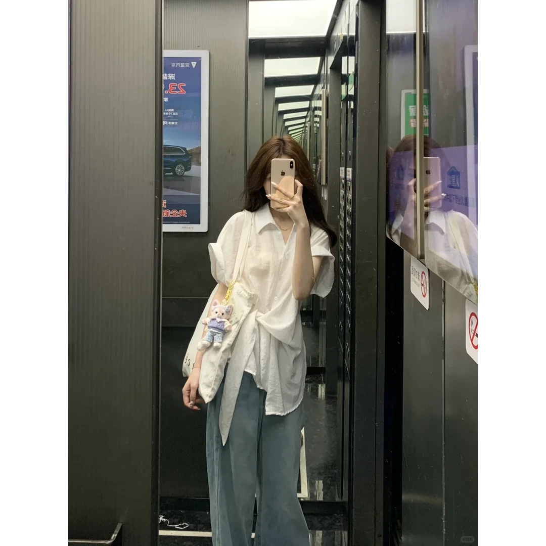 2025夏季新款韩系穿搭慵懒风白色绑带短袖衬衫百搭气质显瘦衬衣女