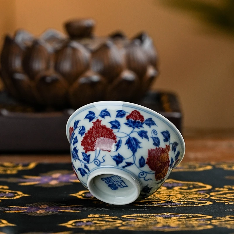 望月怀古  釉里红花卉小宫碗杯 手工陶瓷花纹喝茶饮茶  WYHG198