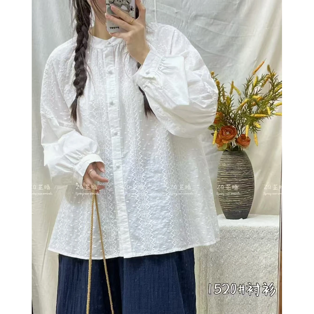 气质长袖刺绣泡泡袖圆领提花日式休闲秋季衬衫1520#