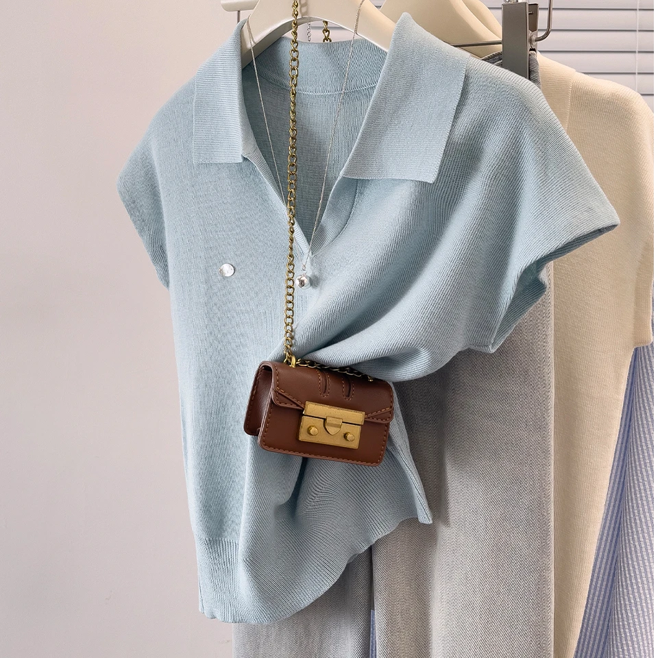 200斤可穿大码Polo领冰丝短袖T恤女夏季设计感减龄飞飞袖显瘦上衣