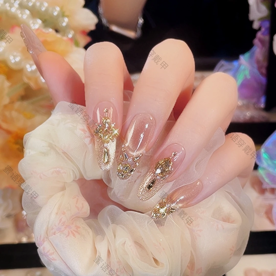 【维纳斯金纱】纯手工穿戴美甲猫眼光疗立体锆石爆闪蹦迪满钻10片装