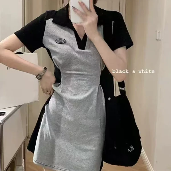 2025夏季新款大码女装时尚显瘦减龄休闲风拼色polo领连衣裙