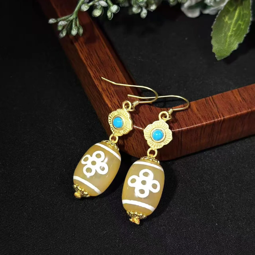 【四宝臻品】玉化料五眼闪电黄玛瑙耳饰天珠耳钩15*11mm多样性发货