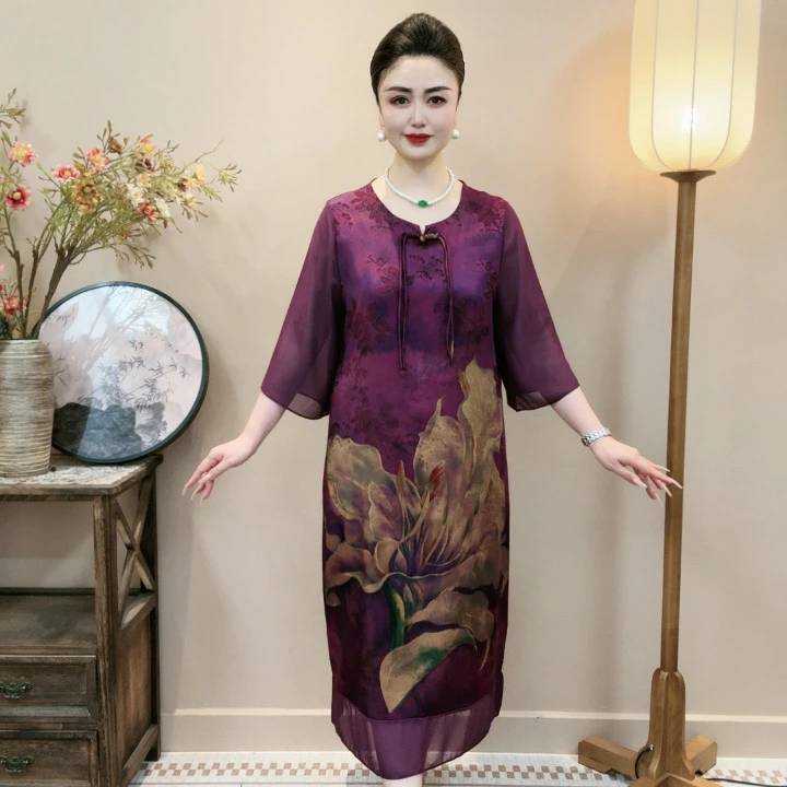 （芙蓉花）中袖中国风中腰圆领中长裙连衣裙气质优雅印花复古宽松