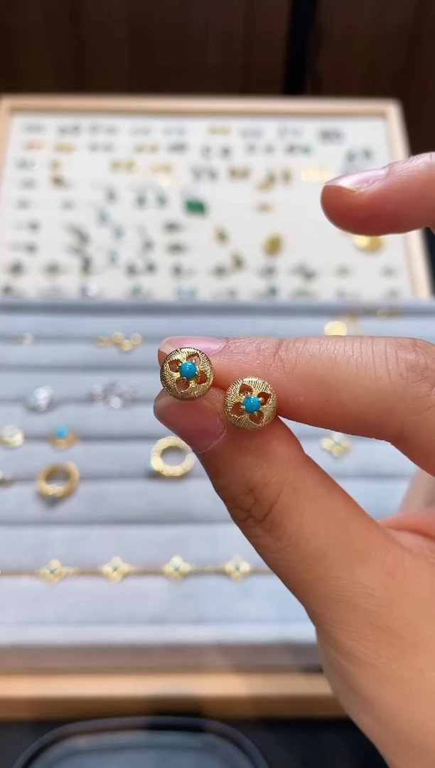 【闪购商品】绿松石银S925镀金镶嵌颈饰耳钉