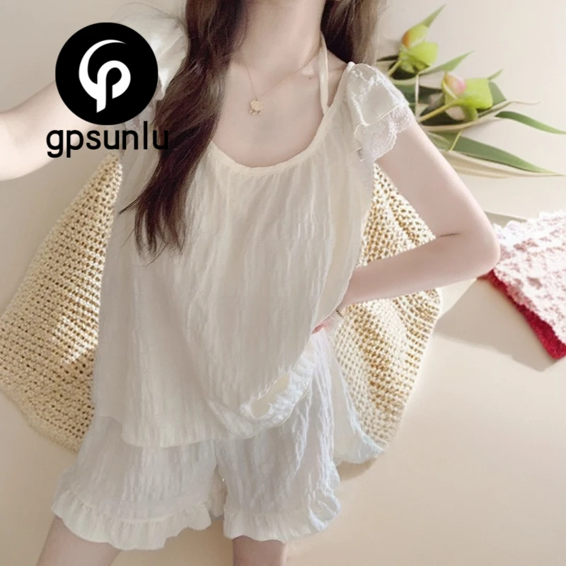 GPSUNLU韩版纯色云朵棉睡衣女款薄款ins风挂脖显瘦家居服套装