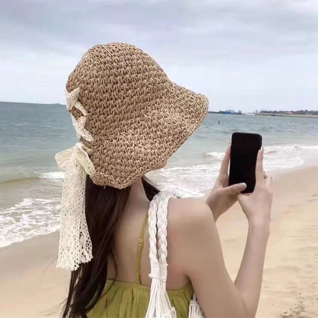 开叉蕾丝绑带草帽女夏天时尚度假沙滩帽显脸小遮阳可折叠渔夫帽子