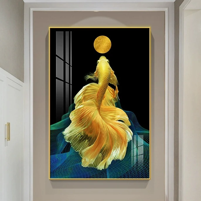 年年有鱼鱼的玄关装饰画寓意好锦鲤金鱼挂画餐厅晶瓷画进门墙壁画