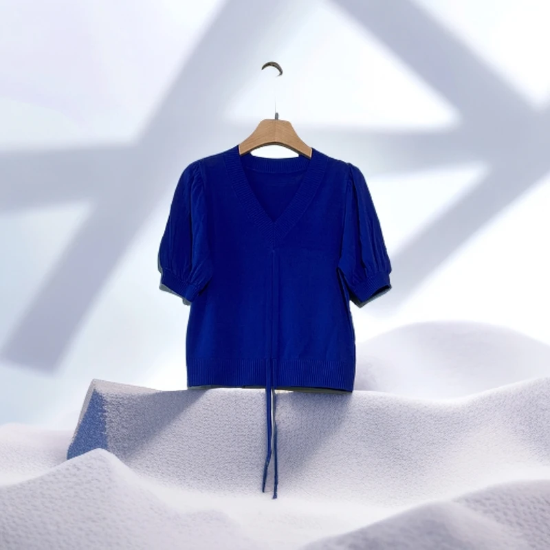 V领抽绳泡泡袖短款针织衫蓝色绿色百搭时尚气质遮肉毛衣针织衫清