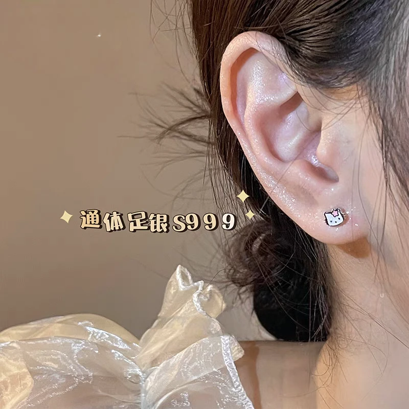 925银珐琅耳饰 原创KT猫款银耳钉女甜美风