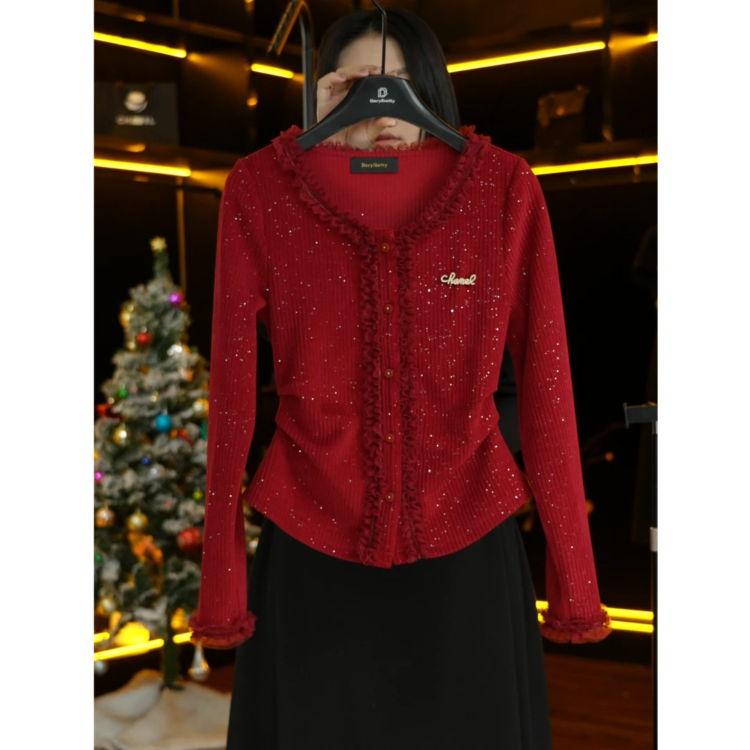 berylbetty轻奢百搭修身冬季时尚气质高级感红色显瘦上衣LJ B1716