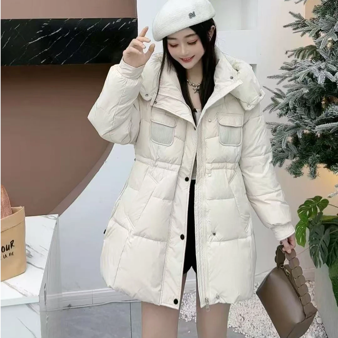 D06#【衣长78】冬季新款服女中长款连帽收腰欧货工装加厚冬装外套