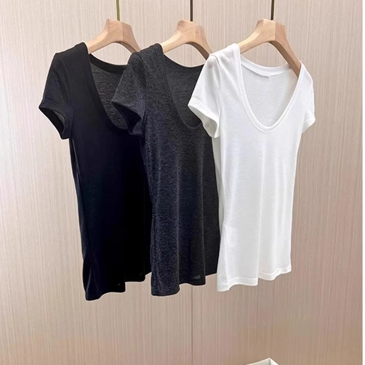 白色莫代尔v领正肩短袖t恤女夏季大领口打底简约轻薄修身短款上衣