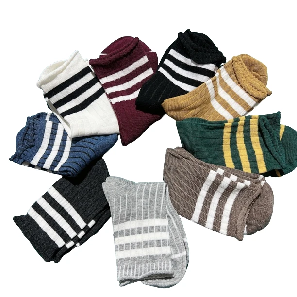 秋冬季三条杠时尚棉袜 卷边不勒中长袜 堆堆袜 发10双 颜色不挑