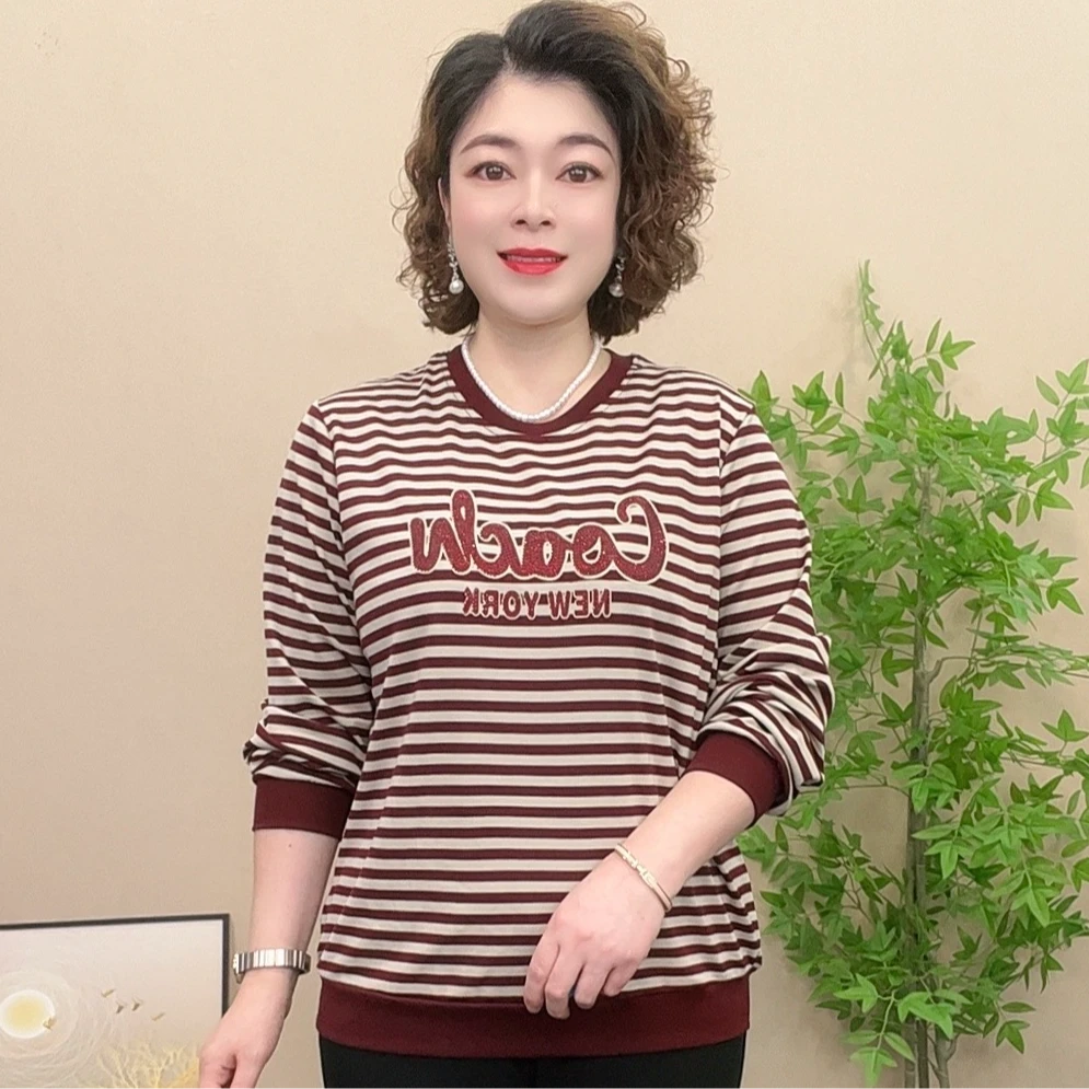 长袖秋季妈妈女装薄款圆领条纹女士字母时尚潮牌宽松弹力上衣休闲