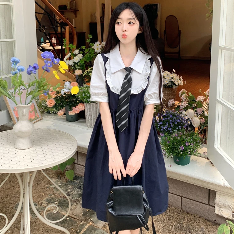 学院风领带衬衣拼接背带裙假两件短袖连衣裙初高中学生收腰系带裙