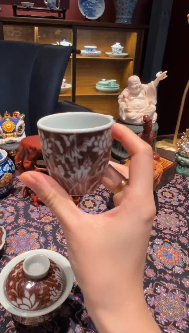 仰*釉里红一鹭莲科主人茶杯单杯茗杯手绘闻香杯