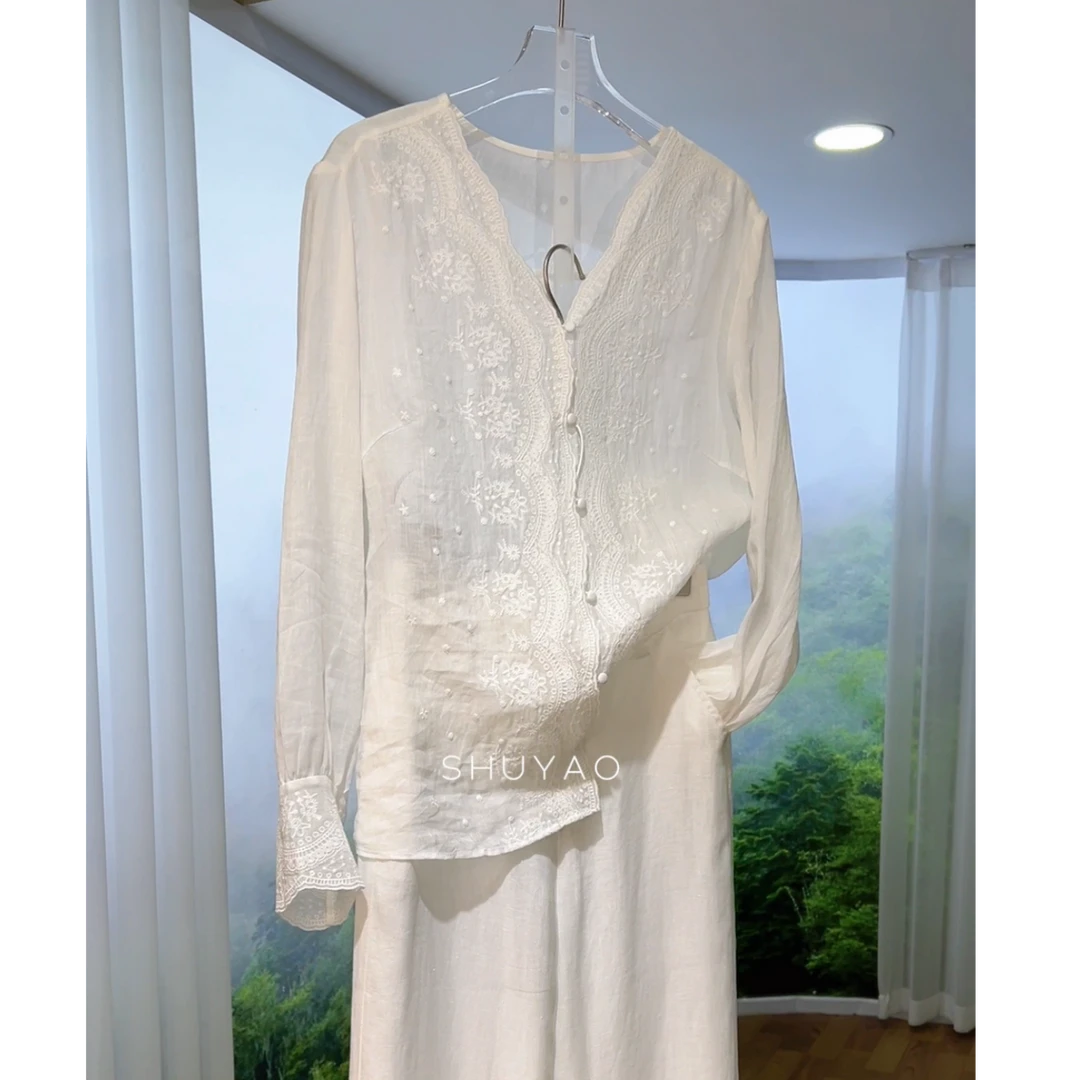 【重工刺绣苎麻小衫】时尚新款高级感小众绣花清爽苎麻衬衫女装夏季