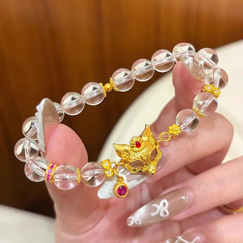 瑞诺黄金珠宝狐狸面具白水.晶手链足金999轻奢时尚生日礼物送女友