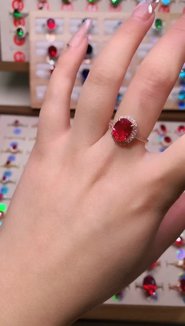 银S925镶嵌戒指红宝石8*10 豪镶 玫瑰金