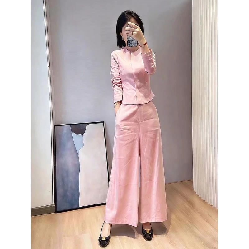 早秋巨好看姐系贵感大方得体气质小香风掐腰粉色衬衫裤子两件套装