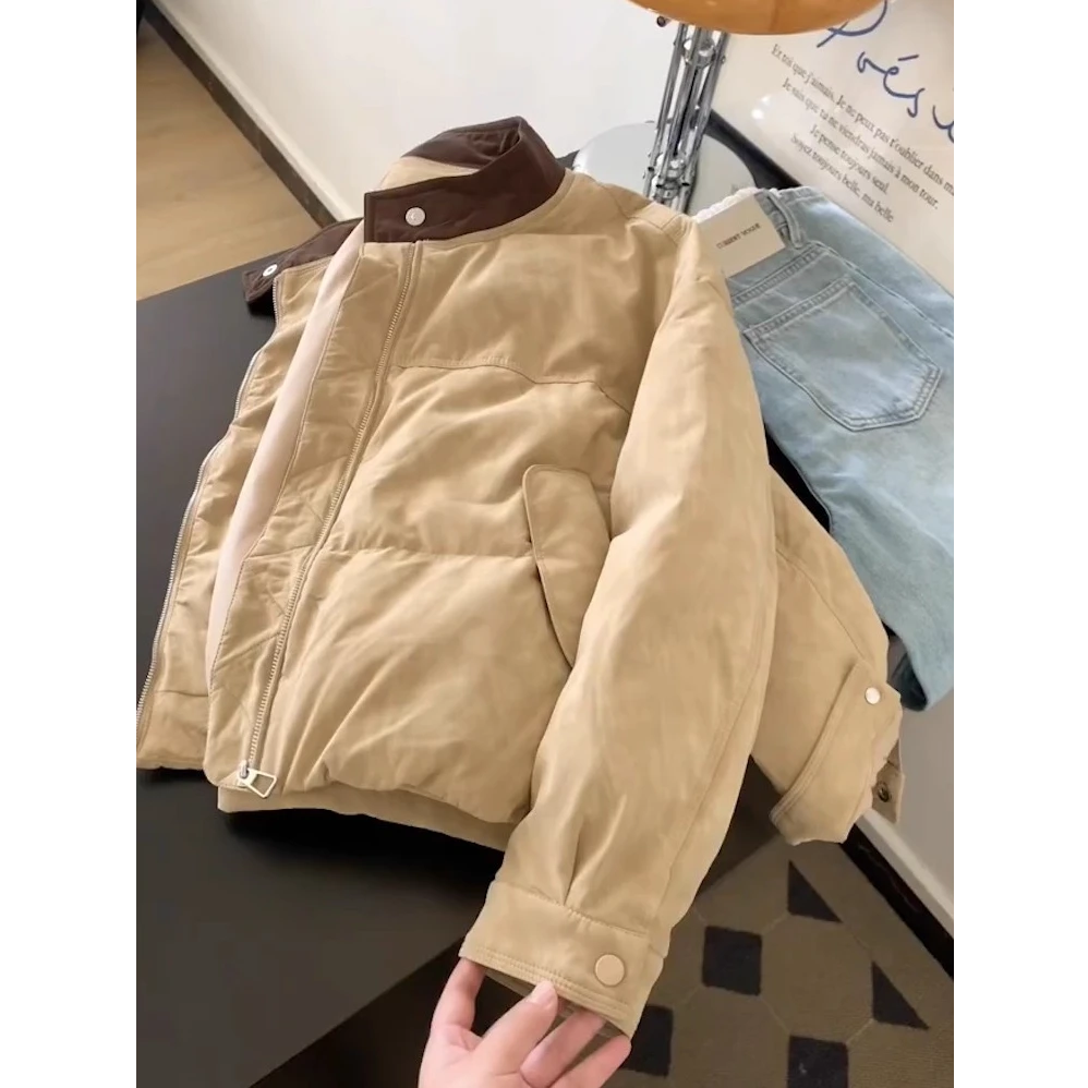 2025冬季新款复古简约风时尚短款棉服卡其色加厚保暖面包服外套女