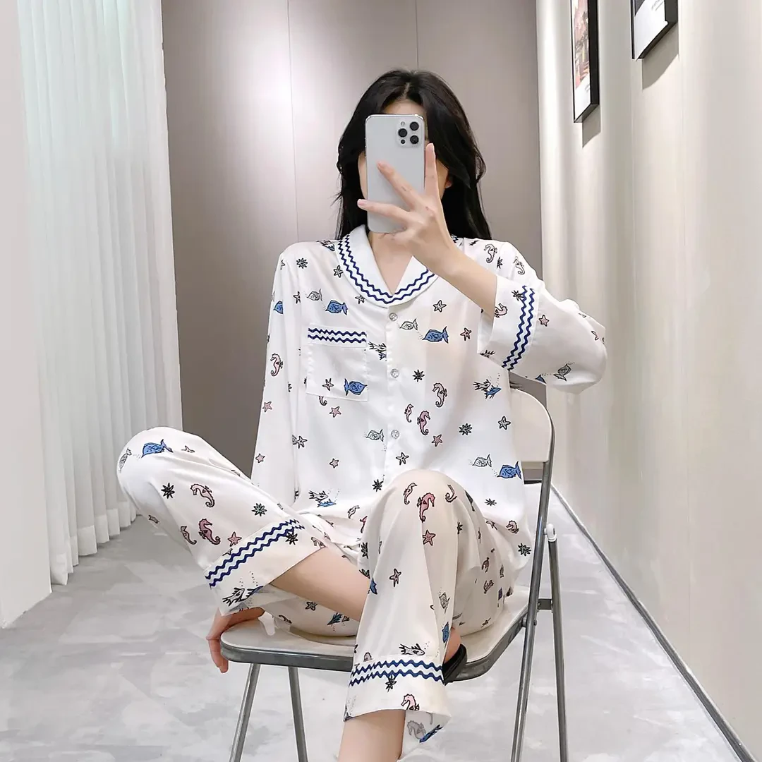 睡衣女新款春秋季冰丝长袖薄款套装可外穿家居服高档宽松2025