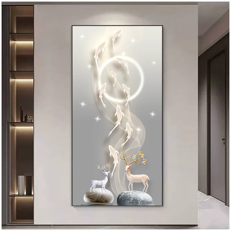 X01九鱼纳福晶瓷镶钻装饰画走廊挂画入户挂画玄关挂画简约装饰画
