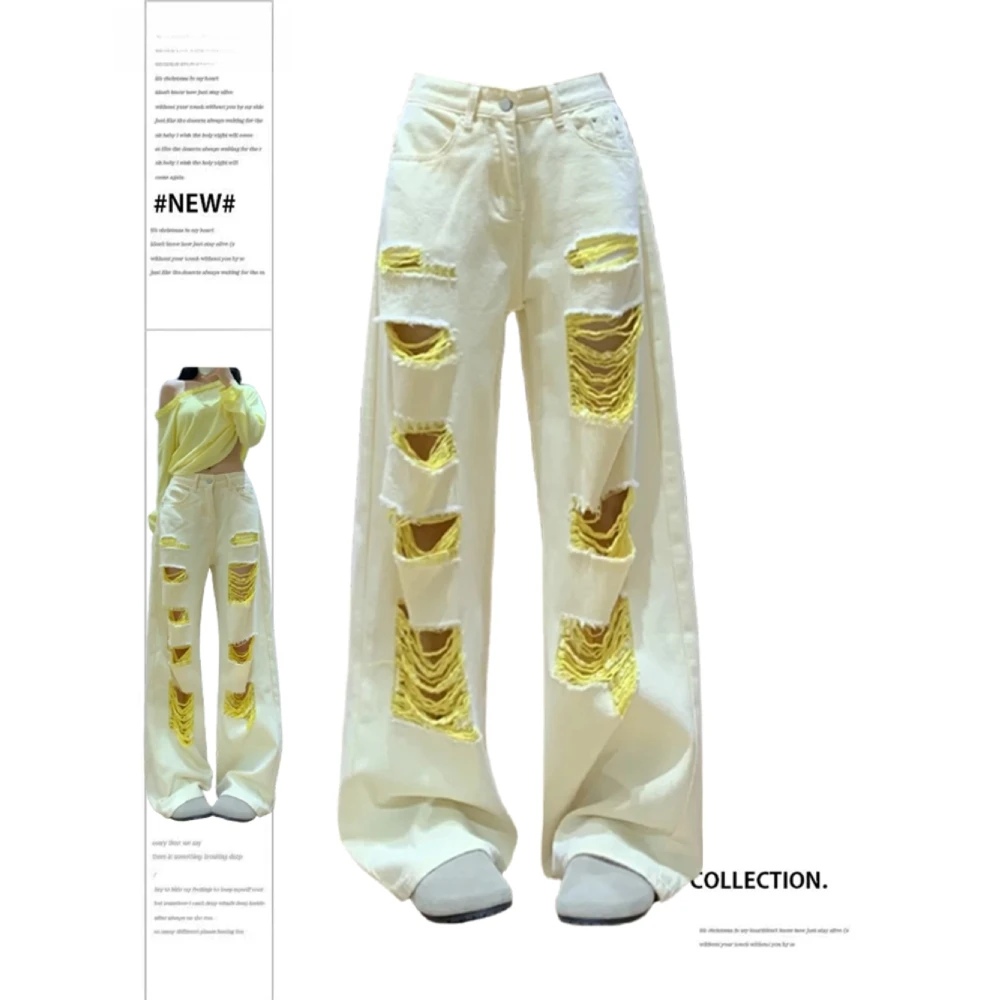 美式设计感黄色破洞牛仔裤女2025夏高街显瘦小众辣妹乞丐阔腿长裤