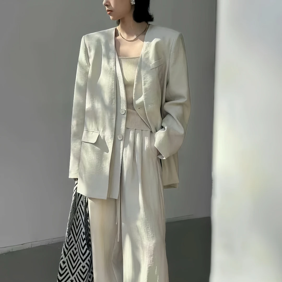 【希辰]宽松V领假两件麻料西服 50936     