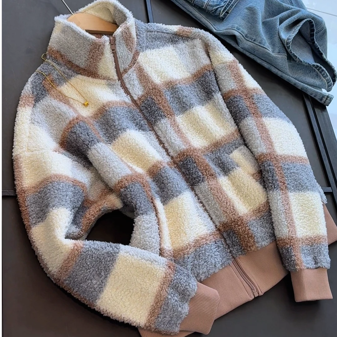 立领慵懒宽松格子舒适休闲长袖外套女上衣显白遮肉秋冬时尚上衣