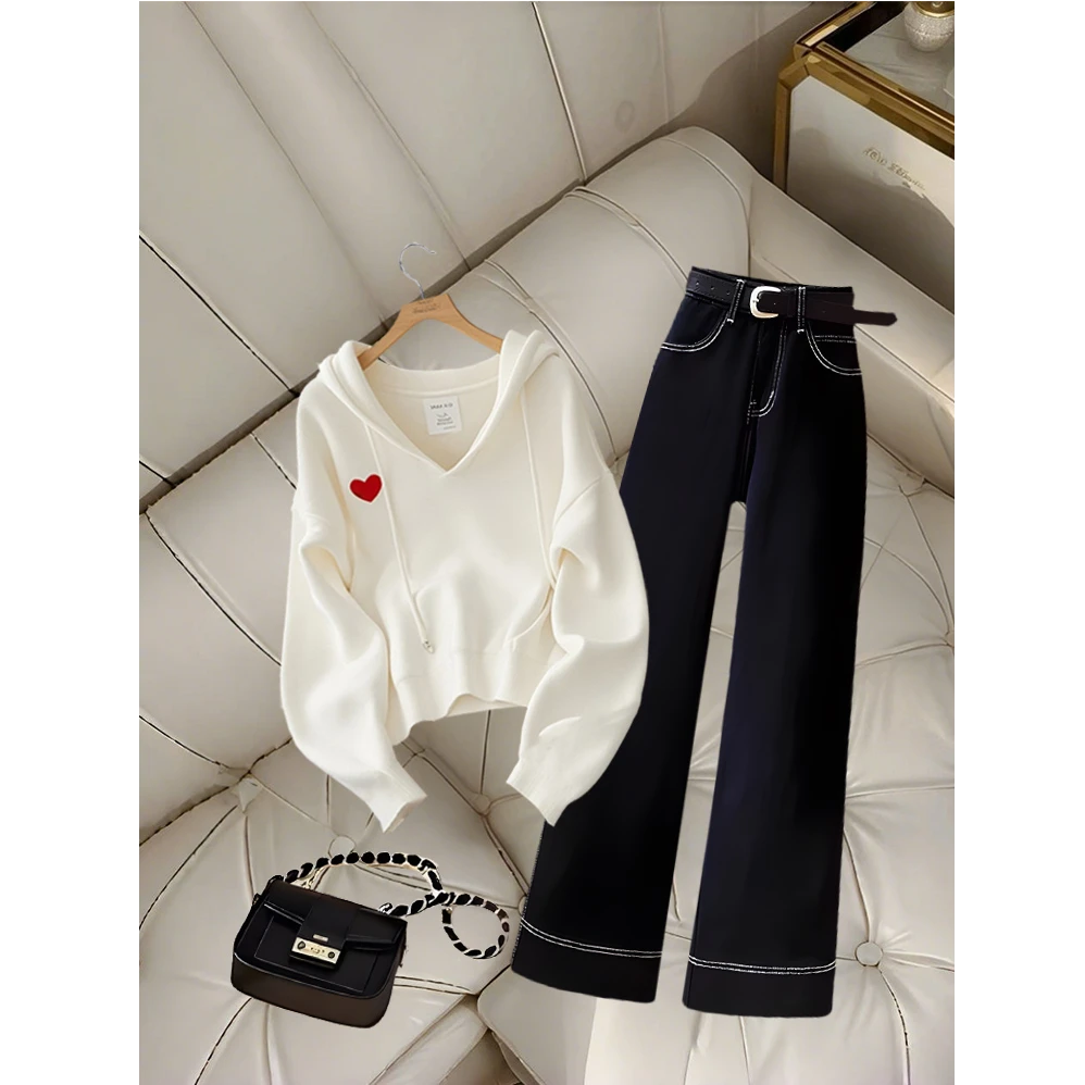 2025新款一整套减龄时尚百搭日常通勤连帽上衣高腰显瘦直筒裤女装