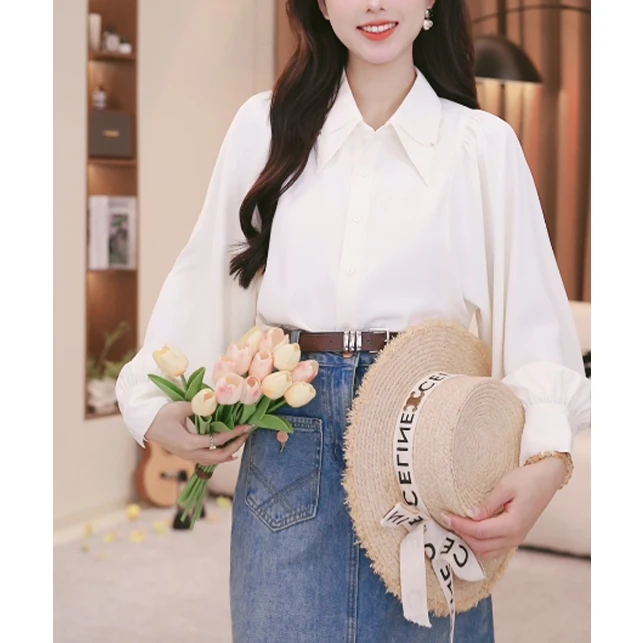 法式气质高级感翻领长袖衬衫女2025春季新款别致设计小众宽松上衣