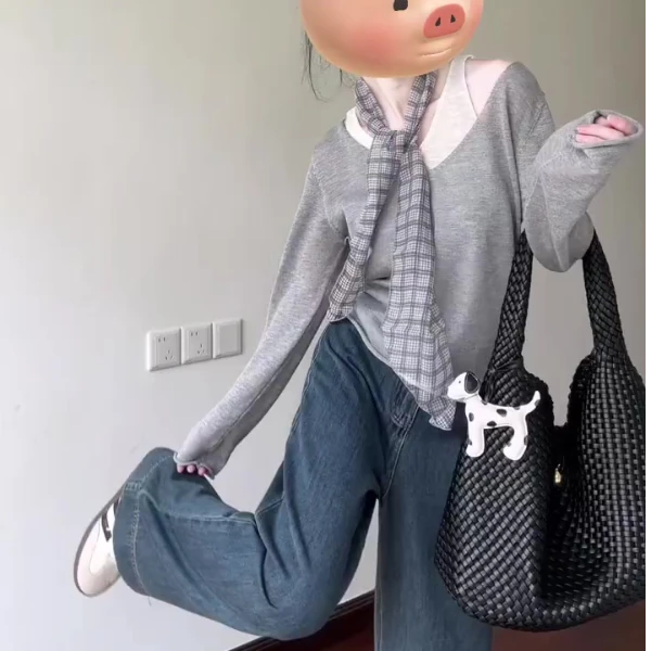 秋季新款两件套长袖针织衫女简约时尚套装上衣牛仔裤两件套装