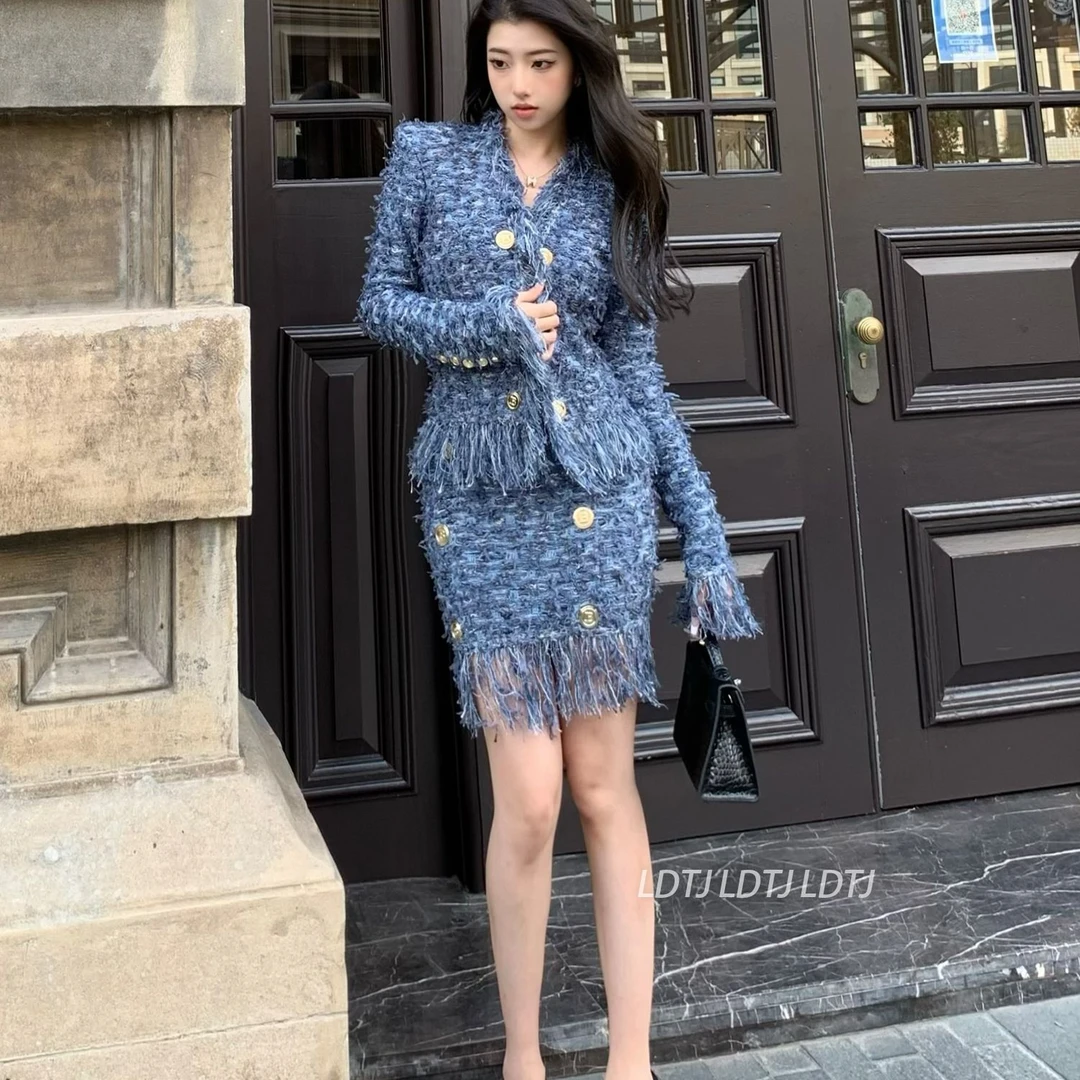 ZZS175LDTJ高定 25秋名媛贵气质小香风蓝色重工针织开衫外套女