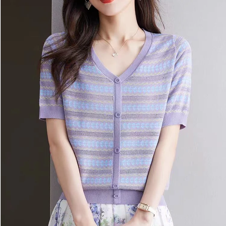 【云紫V领】夏季立体提花短袖针织衫V领时尚显瘦百搭洋气上衣女