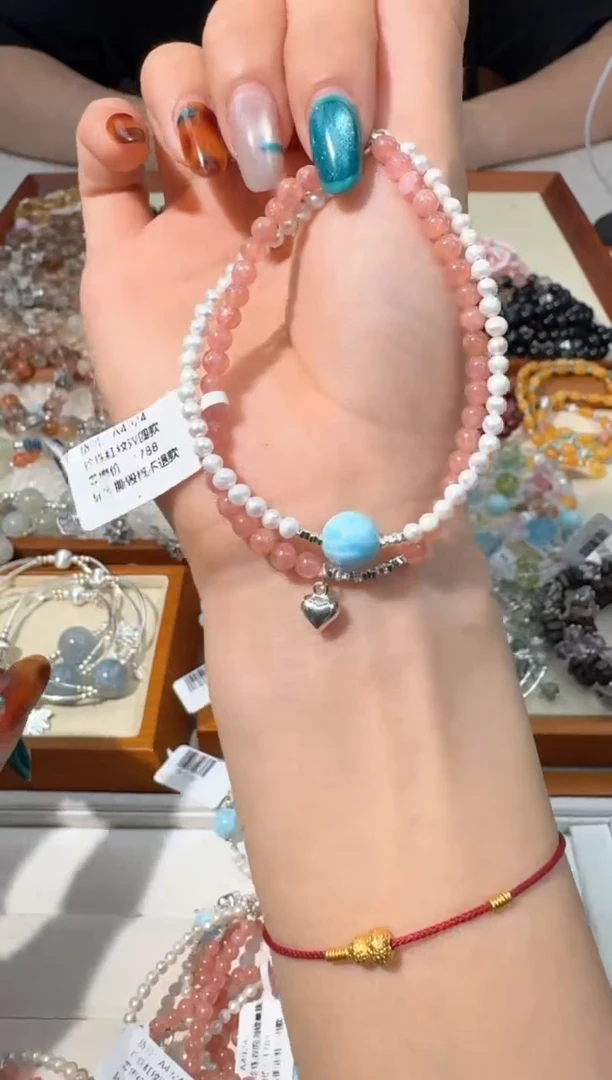 【闪购商品】水晶手串银S925镶嵌A016珍珠红纹海纹单珠款